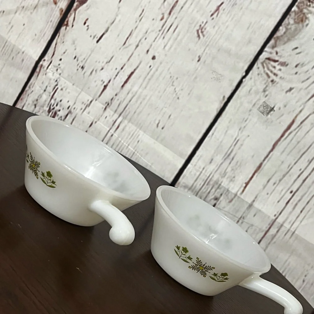 ANCHOR HOCKING Fire King ware Vintage White Soup Bowls with Green Floral Design - Picture 11 of 14